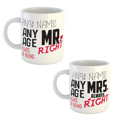 Personalised Mr & Mrs Right Mug Set | His & Hers Couple Mugs | UK