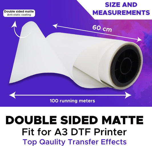 DTF Transfer Film Roll 60cm x 100m – Double Sided Matte PET Heat Transfer Paper for Inkjet Printers