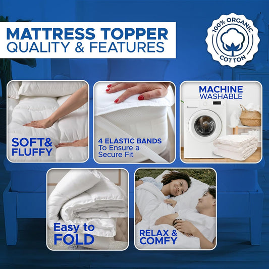 Mattress Topper | Soft & Fluffy Quilted Microfiber Mattress Protector | Firm, Foldable, Comfortable & Hypoallergenic Bed Topper