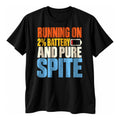Black t-shirt with retro orange, yellow, cream and blue text Running On 2% Battery And Pure Spite and a low battery icon