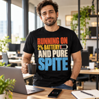 Man wearing the Retro Stack design black t-shirt