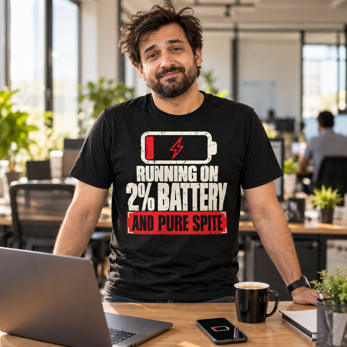Man wearing the Warning Label design black t-shirt
