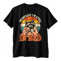 Black t-shirt with a retro sunset, a sleepy raccoon in a striped blanket with a mug and the text Mentally I'm Still In Bed