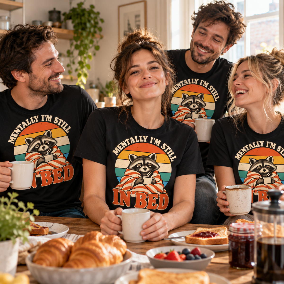 Friends wearing the Retro Sunset design black t-shirt