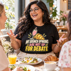 Woman wearing the Cute Croissant design black t-shirt at a brunch cafe