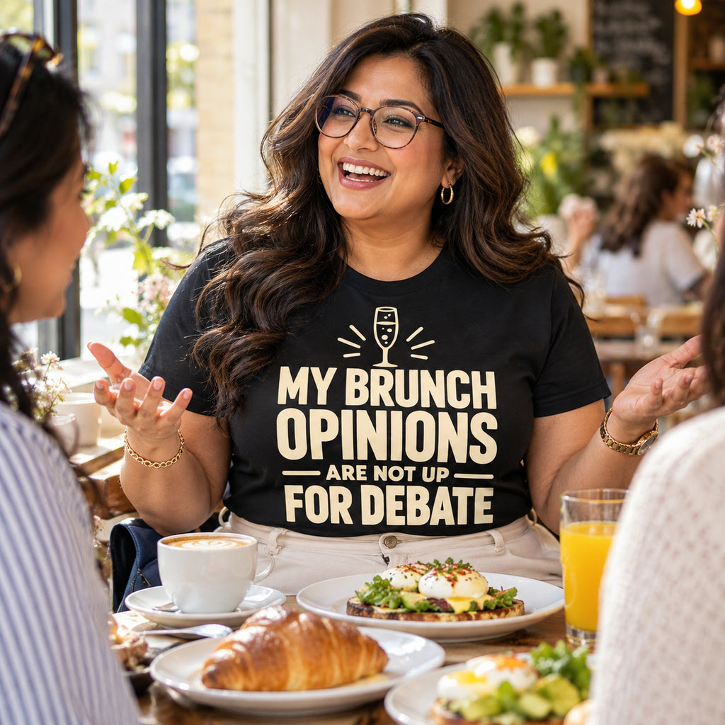 Woman wearing the Minimal Type design black t-shirt at a brunch cafe