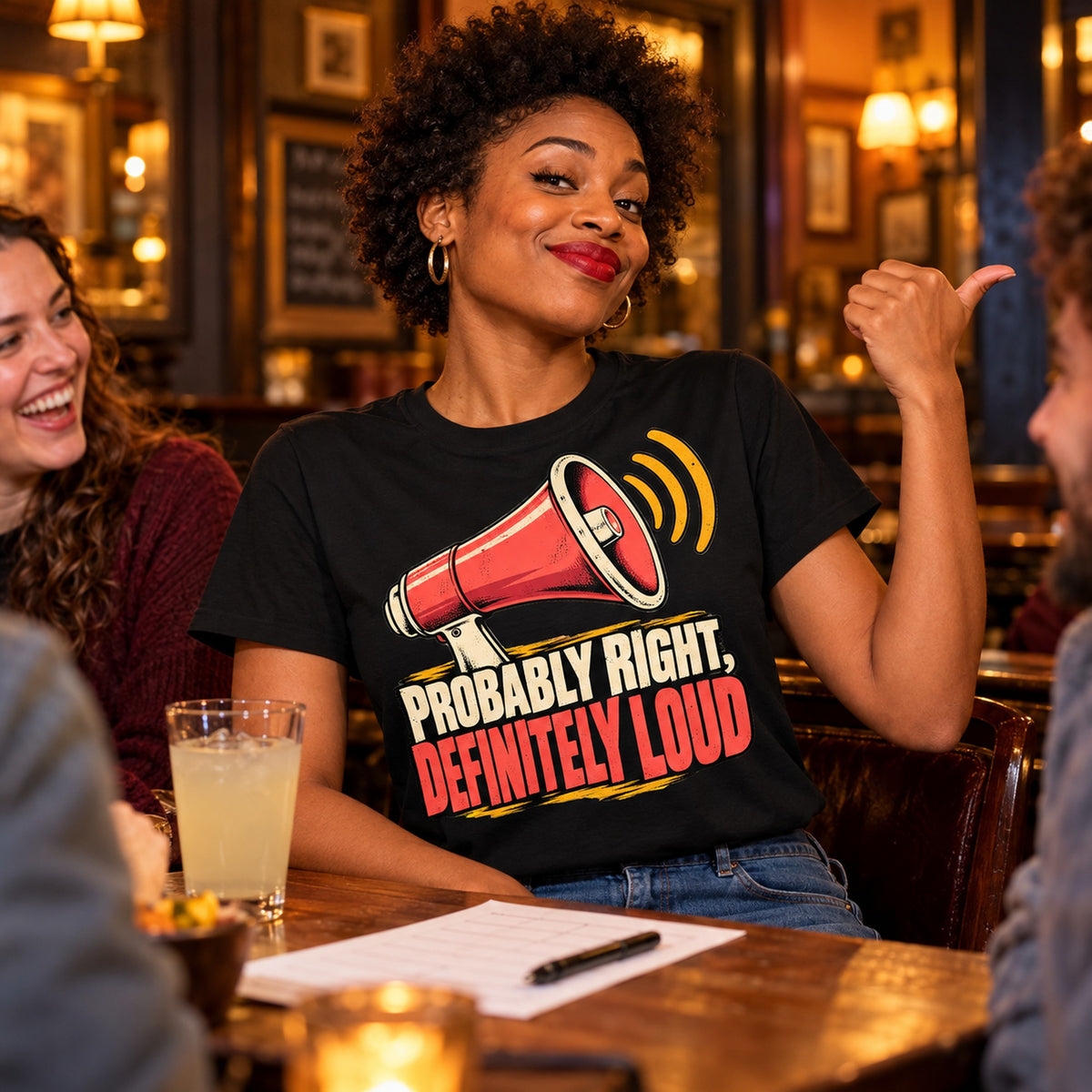 Woman wearing the Coral Megaphone design black t-shirt at a pub quiz table