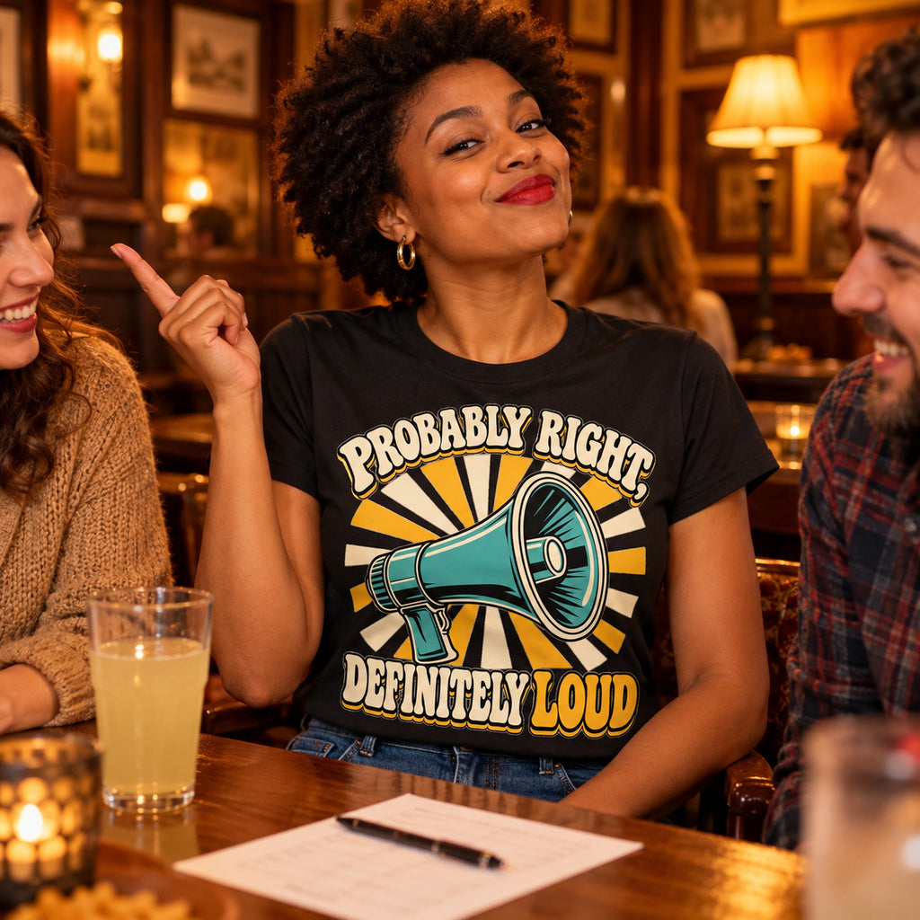 Woman wearing the Retro Sunburst design black t-shirt at a pub quiz table
