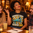 Woman wearing the Retro Sunburst design black t-shirt at a pub quiz table