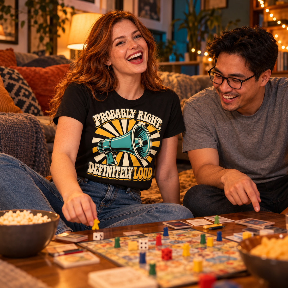 Couple at board game night, woman wearing the Retro Sunburst design black t-shirt