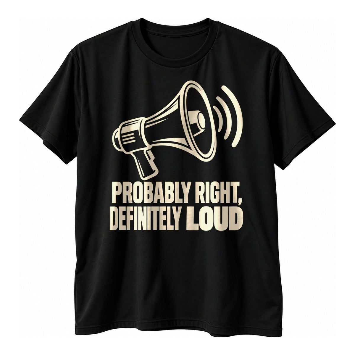 Black t-shirt with a minimal cream line megaphone and sound arcs above the text Probably Right, Definitely Loud in cream capitals