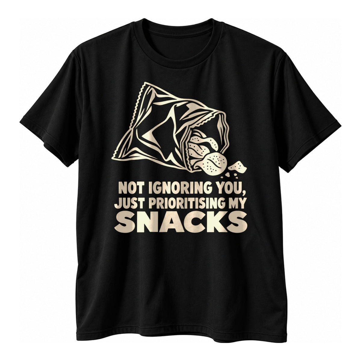 Black t-shirt with a cream line drawing of a snack bag and crumbs above the text Not Ignoring You, Just Prioritising My Snacks in cream capitals