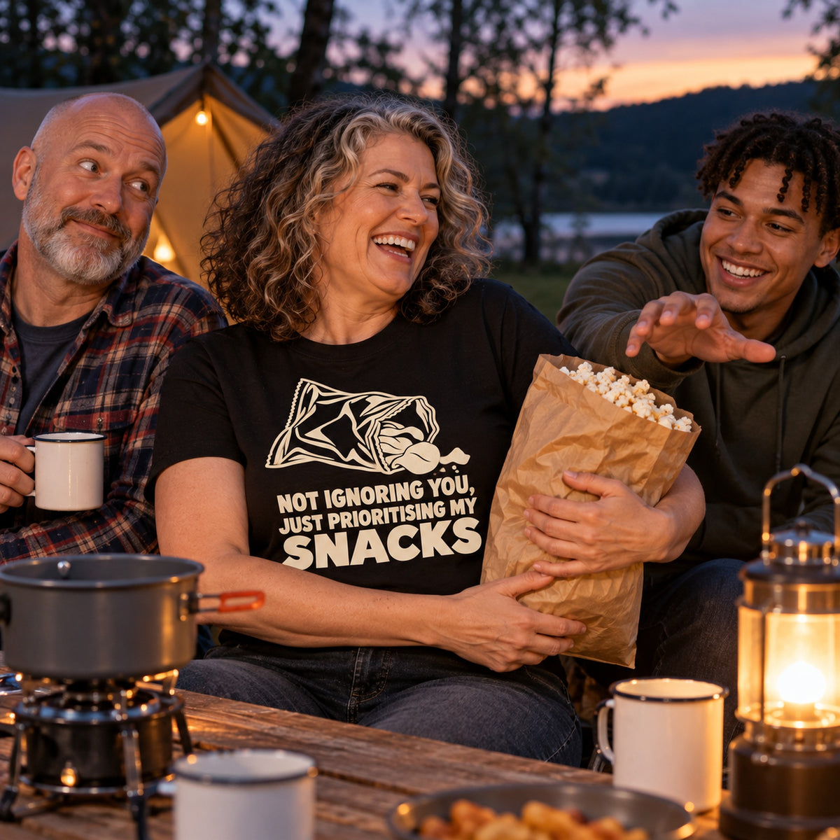 Family at a campsite table, mum wearing the Minimal Snack Bag design black t-shirt