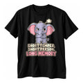 Black t-shirt with a grumpy lilac baby elephant above the text Short Temper, Short Person, Long Memory in cream and pink