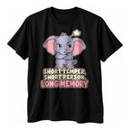 Black t-shirt with a grumpy lilac baby elephant above the text Short Temper, Short Person, Long Memory in cream and pink