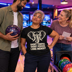 Colleagues at a bowling alley, woman wearing the Minimal Line design black t-shirt