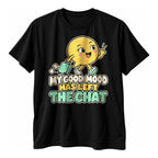Black t-shirt with a yellow speech bubble character waving goodbye with a mint suitcase above the text My Good Mood Has Left The Chat in cream, yellow and mint