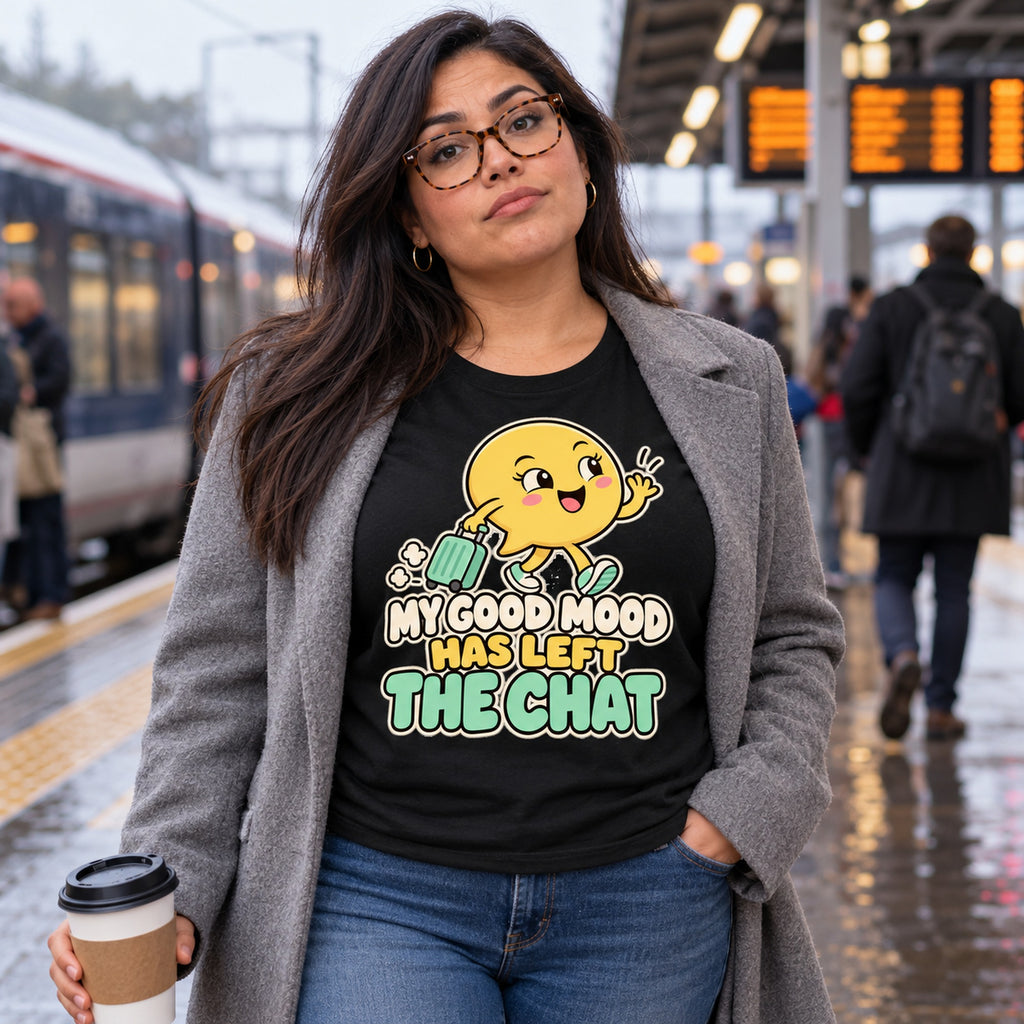 Woman wearing the Waving Bubble design black t-shirt on a rainy railway platform