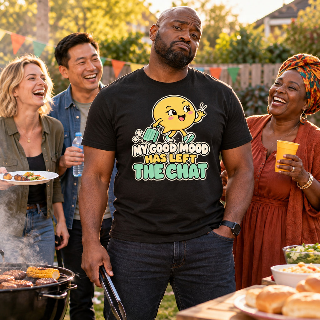 Friends at a garden barbecue, man wearing the Waving Bubble design black t-shirt