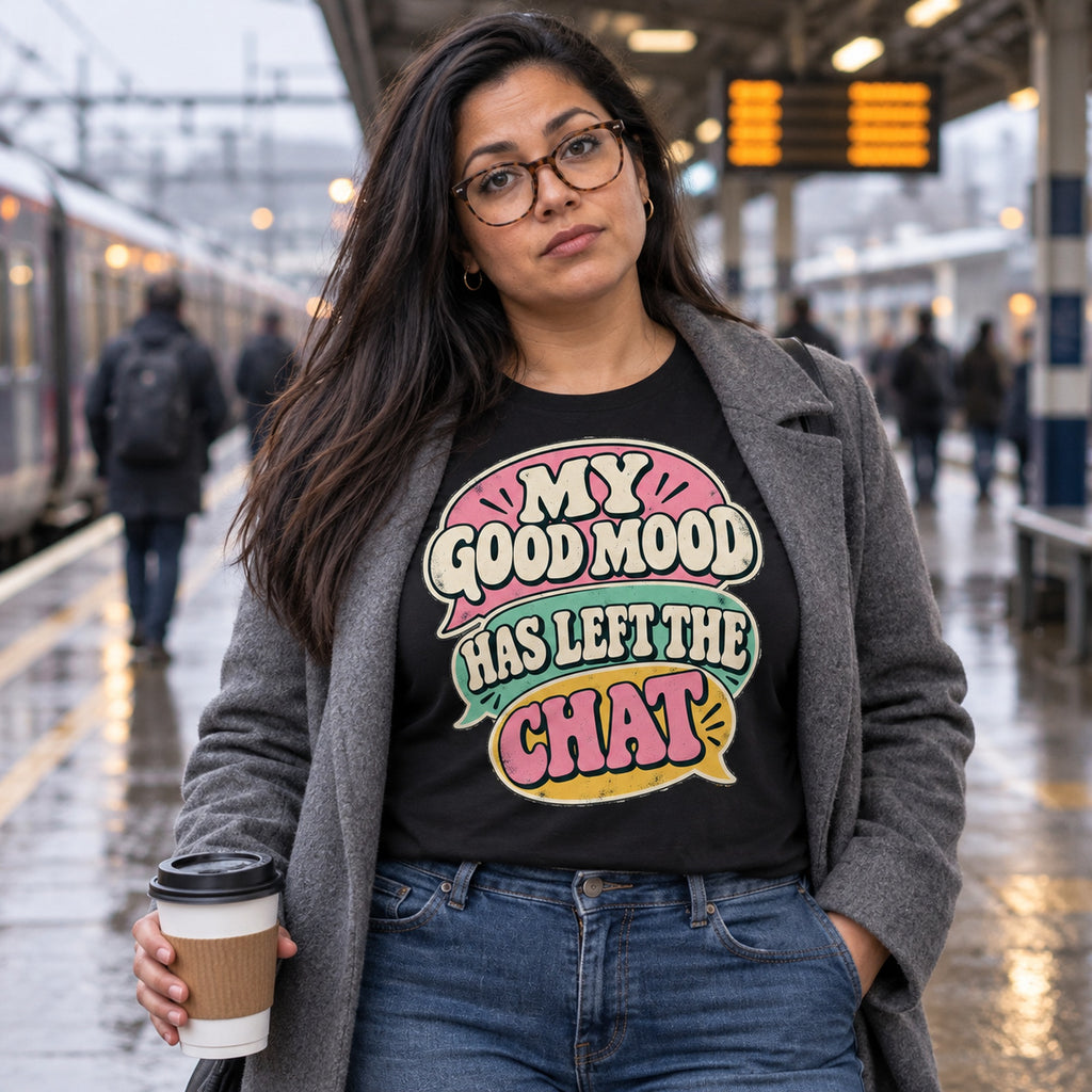 Woman wearing the Retro Bubbles design black t-shirt on a rainy railway platform