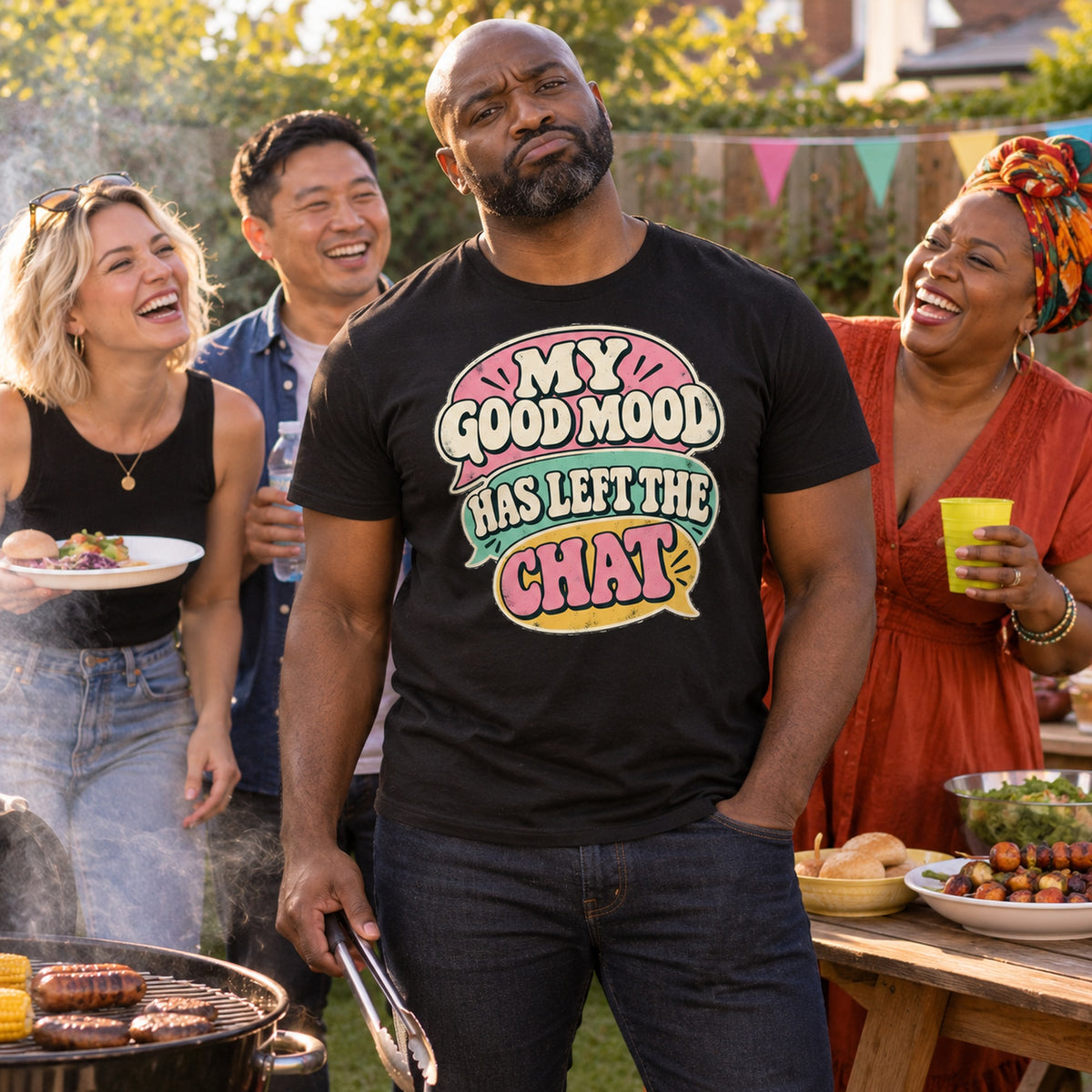 Friends at a garden barbecue, man wearing the Retro Bubbles design black t-shirt