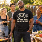 Friends at a garden barbecue, man wearing the Minimal Line design black t-shirt
