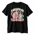Black t-shirt with a pink teapot and a mint teacup whispering together above the text Fuelled By Tea And Gossip in cream and pink