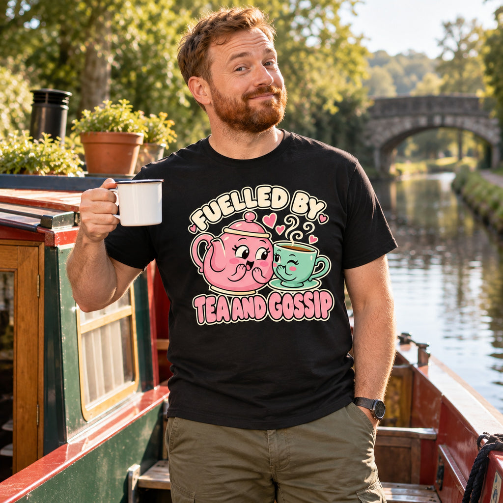 Man on a canal narrowboat wearing the Gossiping Teapots design black t-shirt, holding a mug of tea