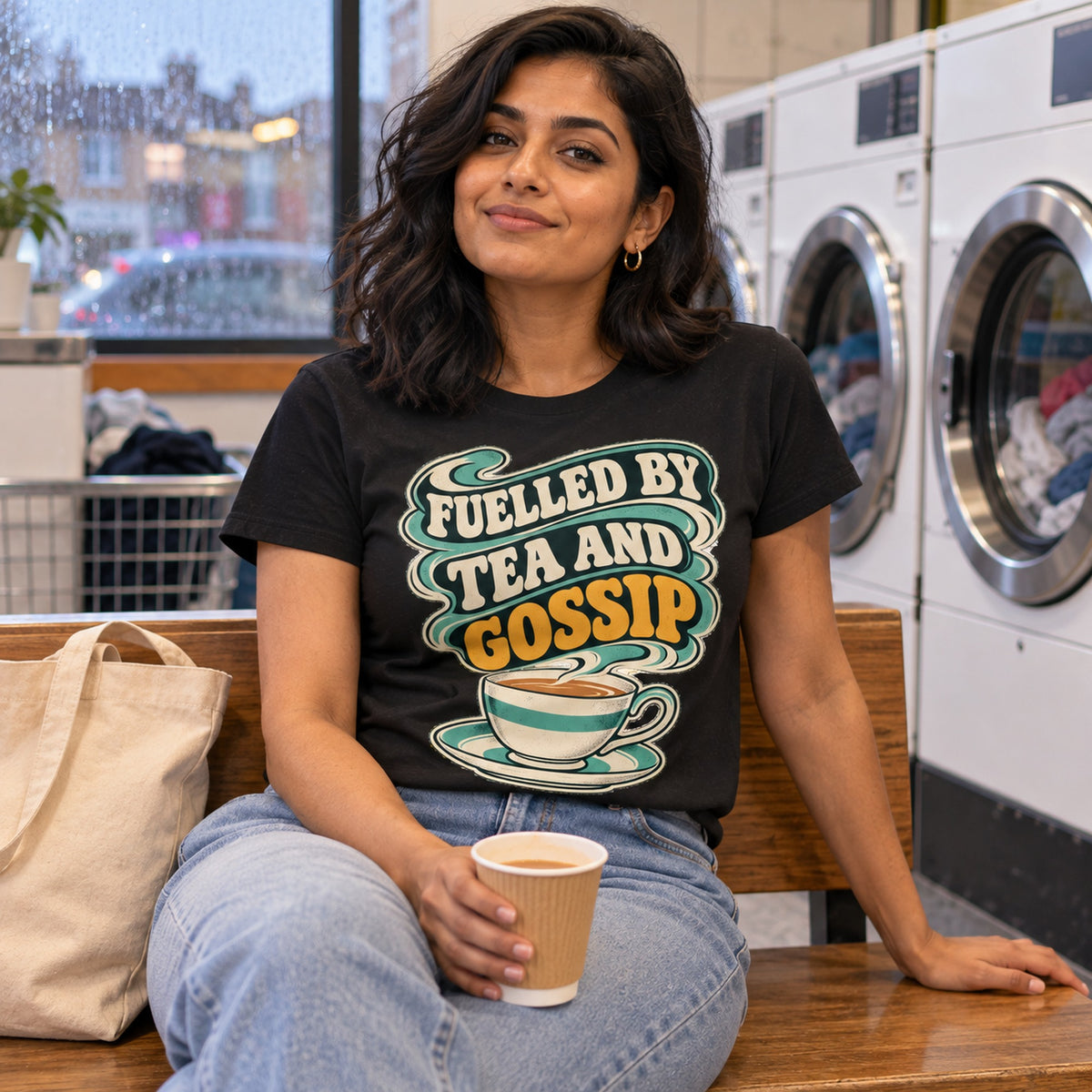 Woman wearing the Vintage Teacup design black t-shirt in a launderette on a rainy afternoon