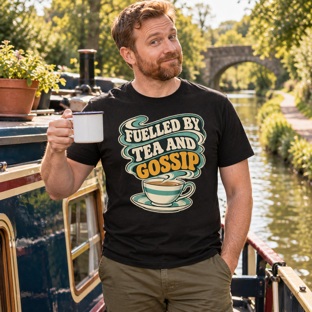 Man on a canal narrowboat wearing the Vintage Teacup design black t-shirt, holding a mug of tea