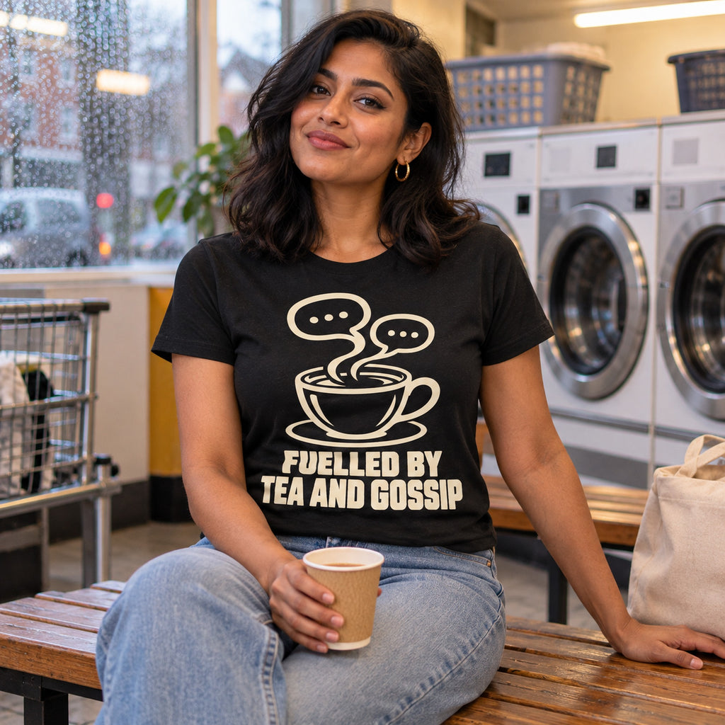 Woman wearing the Minimal Cup design black t-shirt in a launderette on a rainy afternoon