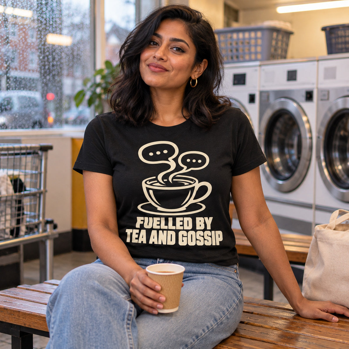 Woman wearing the Minimal Cup design black t-shirt in a launderette on a rainy afternoon