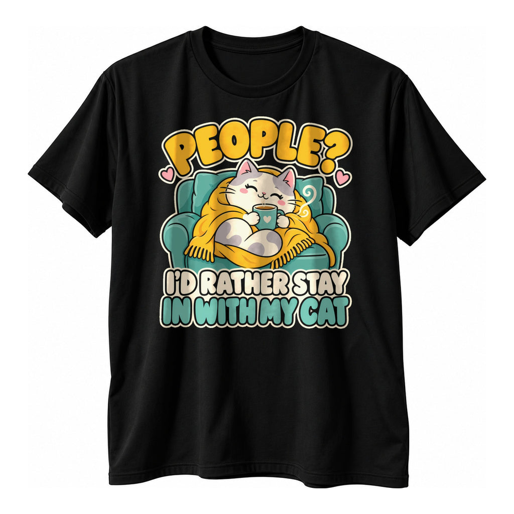 Black t-shirt with a smiling cat in a yellow blanket holding a mug on a teal sofa above the text People I'd Rather Stay In With My Cat