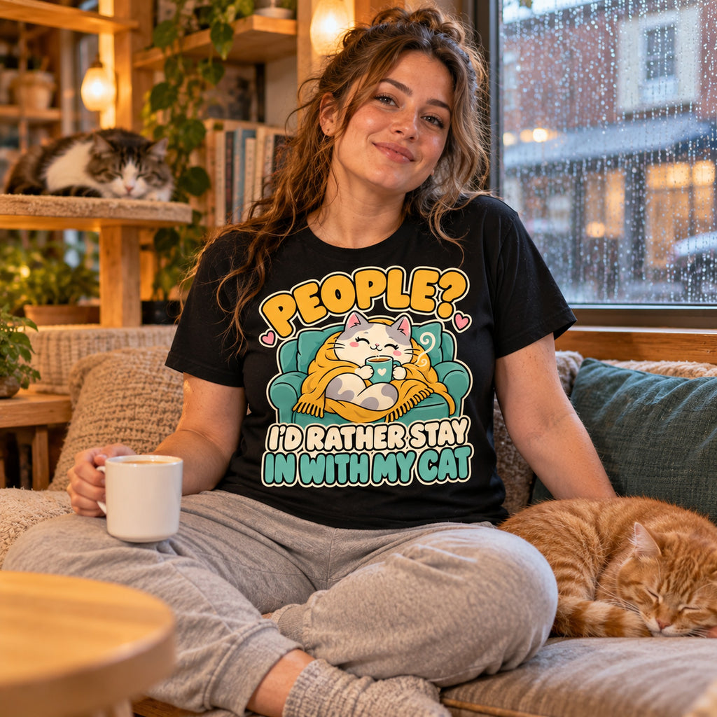 Woman wearing the Sofa Cat design black t-shirt on a cat cafe window seat with a ginger cat