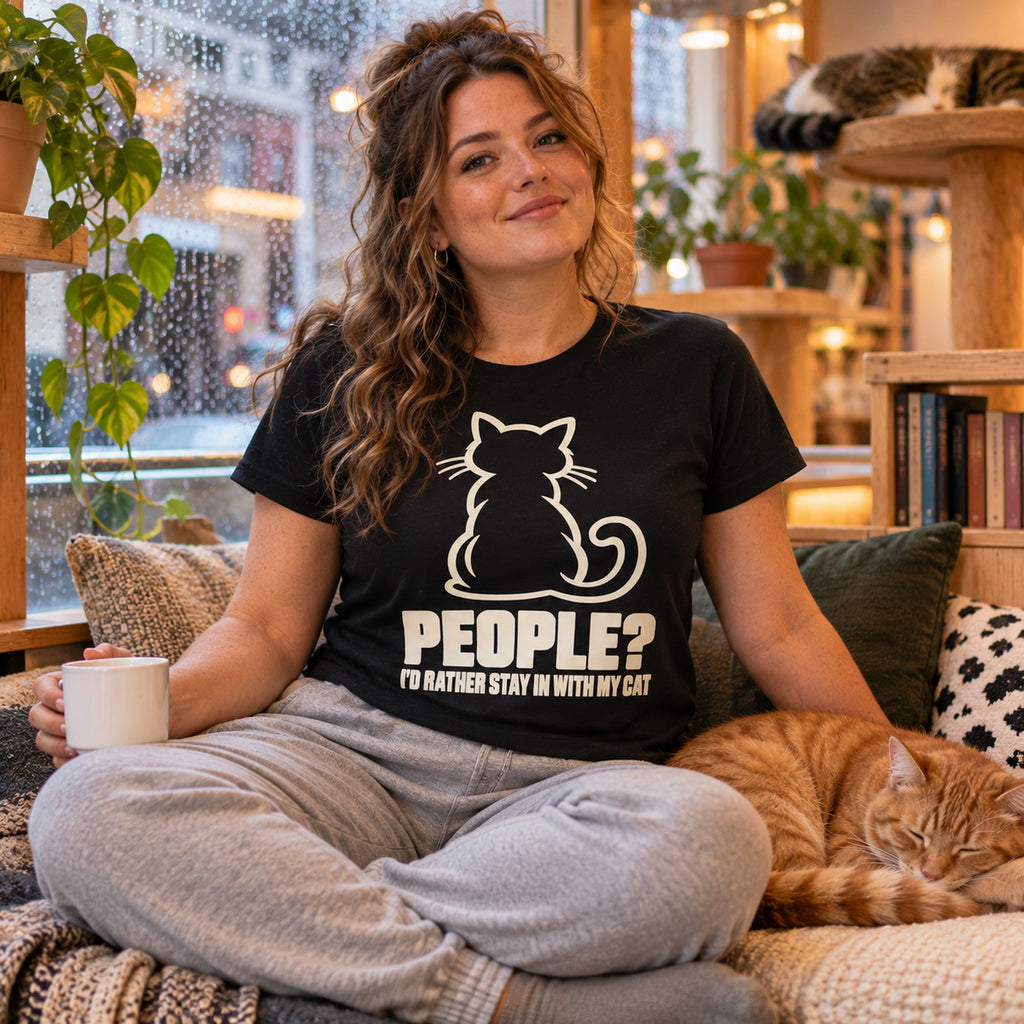 Woman wearing the Minimal Cat design black t-shirt on a cat cafe window seat with a ginger cat