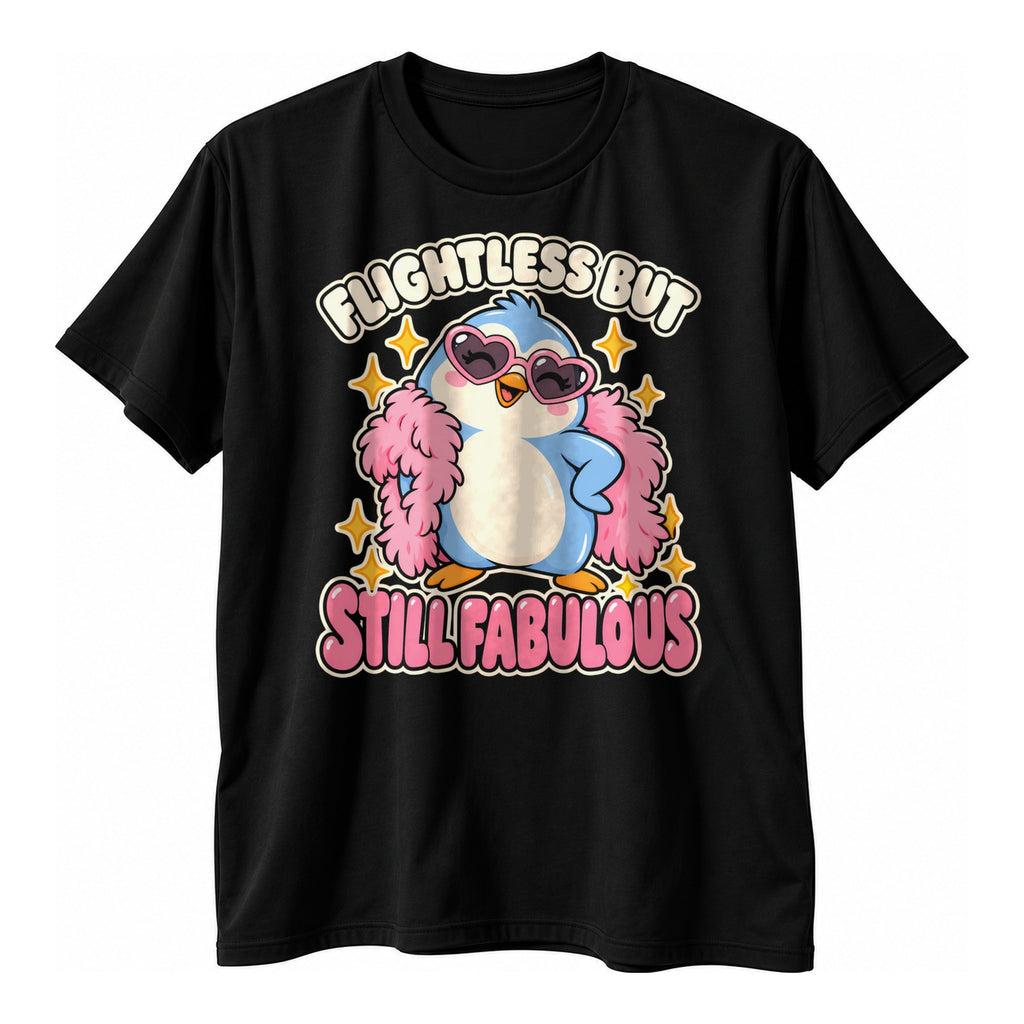 Black t-shirt with a blue penguin in pink heart sunglasses and a pink feather boa above the text Flightless But Still Fabulous