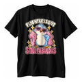 Black t-shirt with a blue penguin in pink heart sunglasses and a pink feather boa above the text Flightless But Still Fabulous