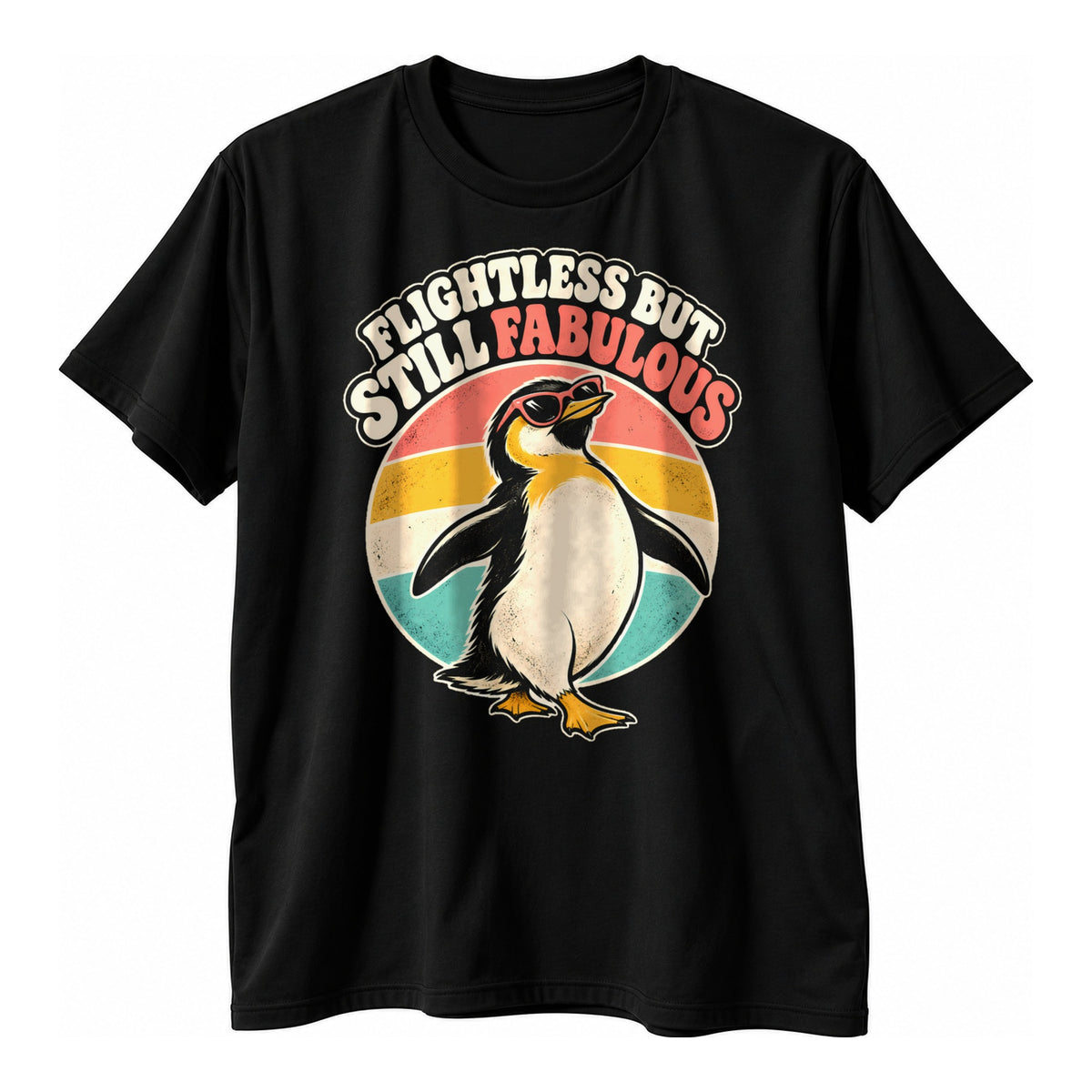 Black t-shirt with a penguin in sunglasses on a retro sunset circle above the text Flightless But Still Fabulous