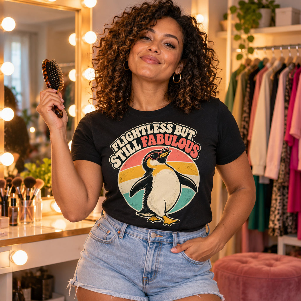 Woman wearing the Retro Penguin design black t-shirt at a dressing room vanity mirror with warm bulbs