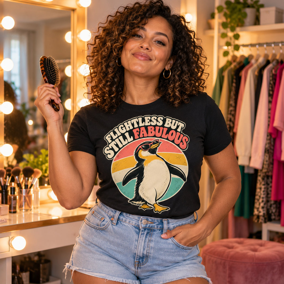Woman wearing the Retro Penguin design black t-shirt at a dressing room vanity mirror with warm bulbs