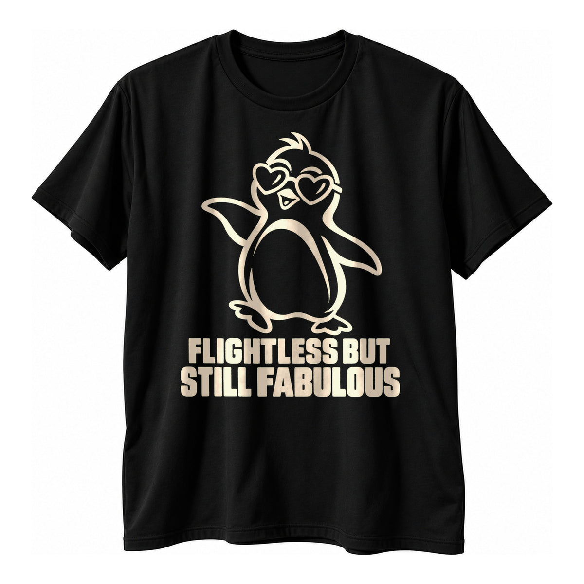 Black t-shirt with a cream outline drawing of a dancing penguin in heart sunglasses above the text Flightless But Still Fabulous in cream capitals