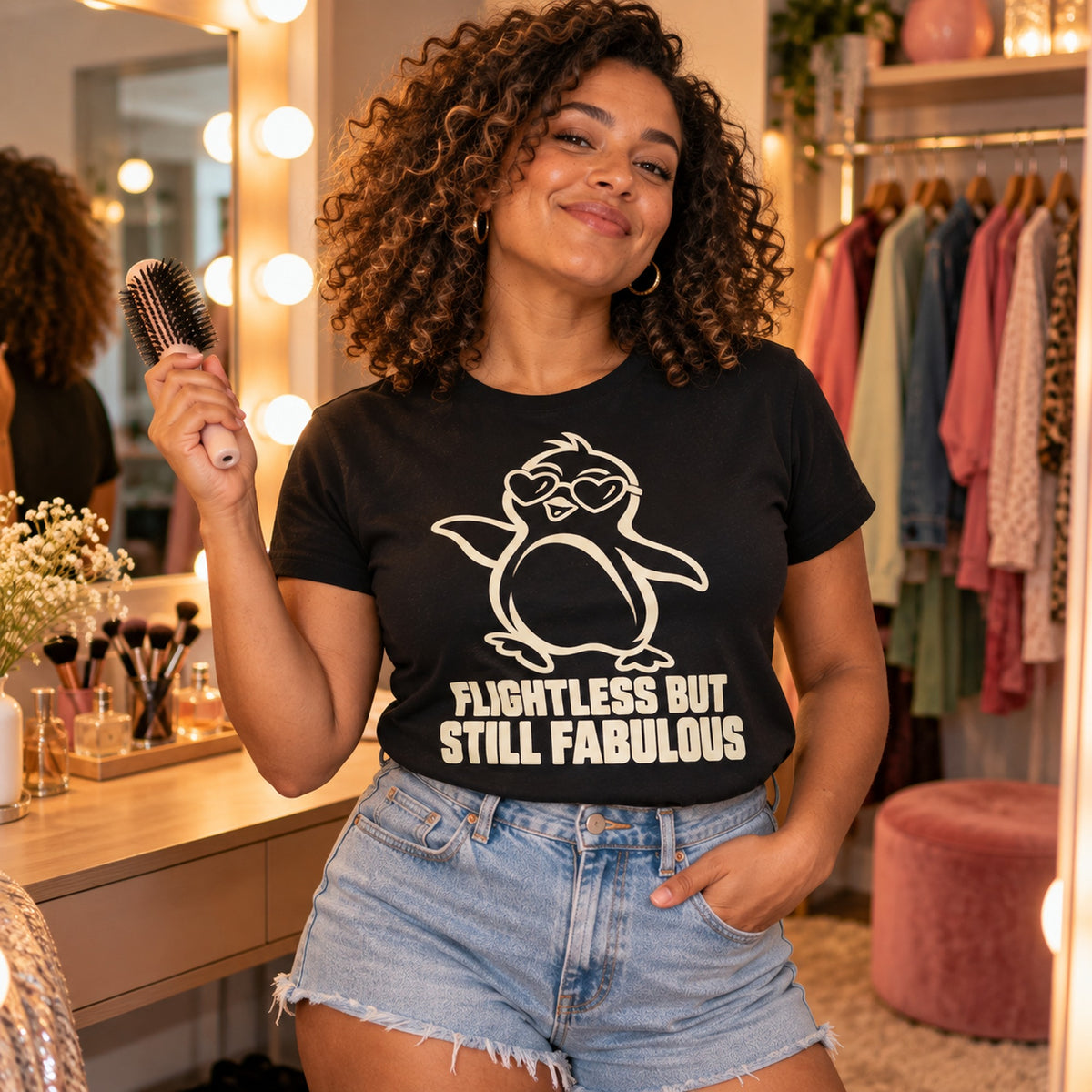Woman wearing the Line Penguin design black t-shirt at a dressing room vanity mirror with warm bulbs