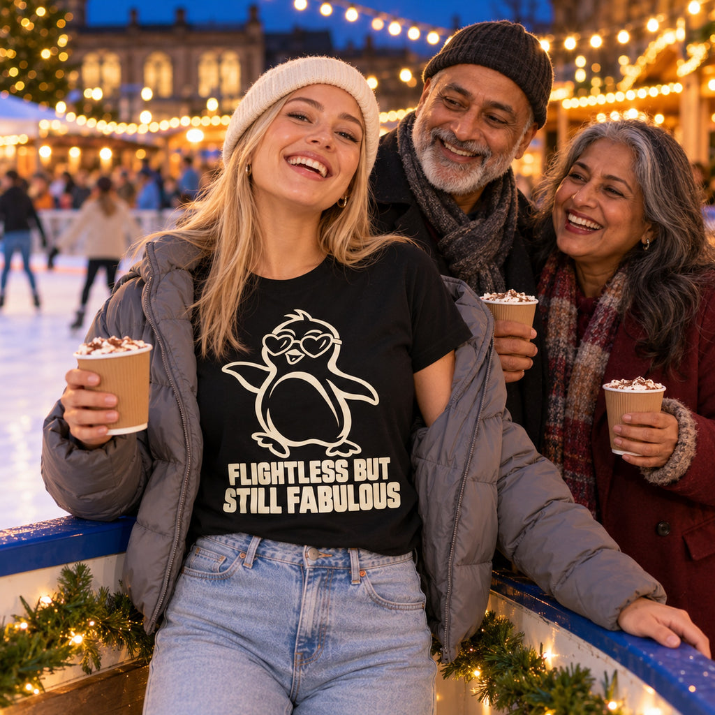 Family at an outdoor ice rink at a Christmas market, daughter wearing the Line Penguin design black t-shirt