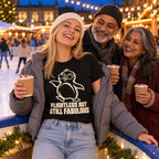 Family at an outdoor ice rink at a Christmas market, daughter wearing the Line Penguin design black t-shirt