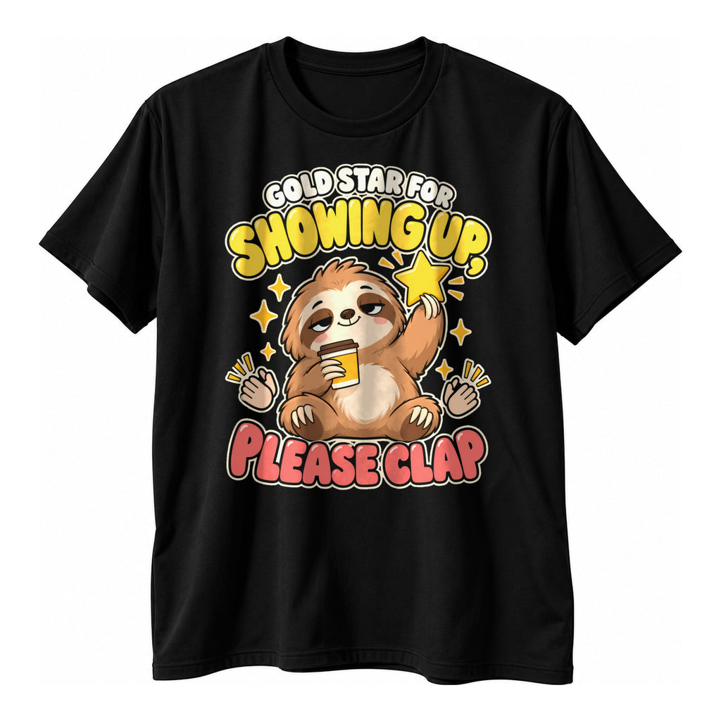 Black t-shirt with a sleepy brown sloth holding a mustard cup and a yellow star above the text Gold Star For Showing Up Please Clap