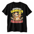 Black t-shirt with a sleepy brown sloth holding a mustard cup and a yellow star above the text Gold Star For Showing Up Please Clap