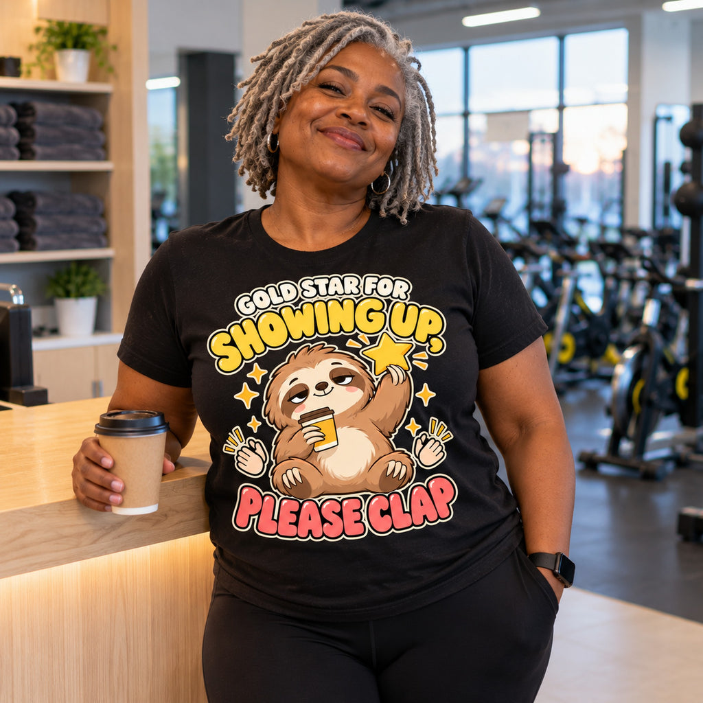 Woman wearing the Coffee Sloth design black t-shirt at a gym reception holding a takeaway coffee