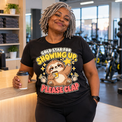 Woman wearing the Coffee Sloth design black t-shirt at a gym reception holding a takeaway coffee