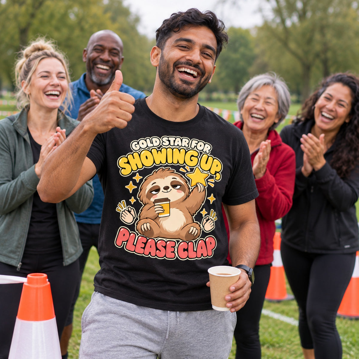 Friends cheering at a park run finish, man in front wearing the Coffee Sloth design black t-shirt