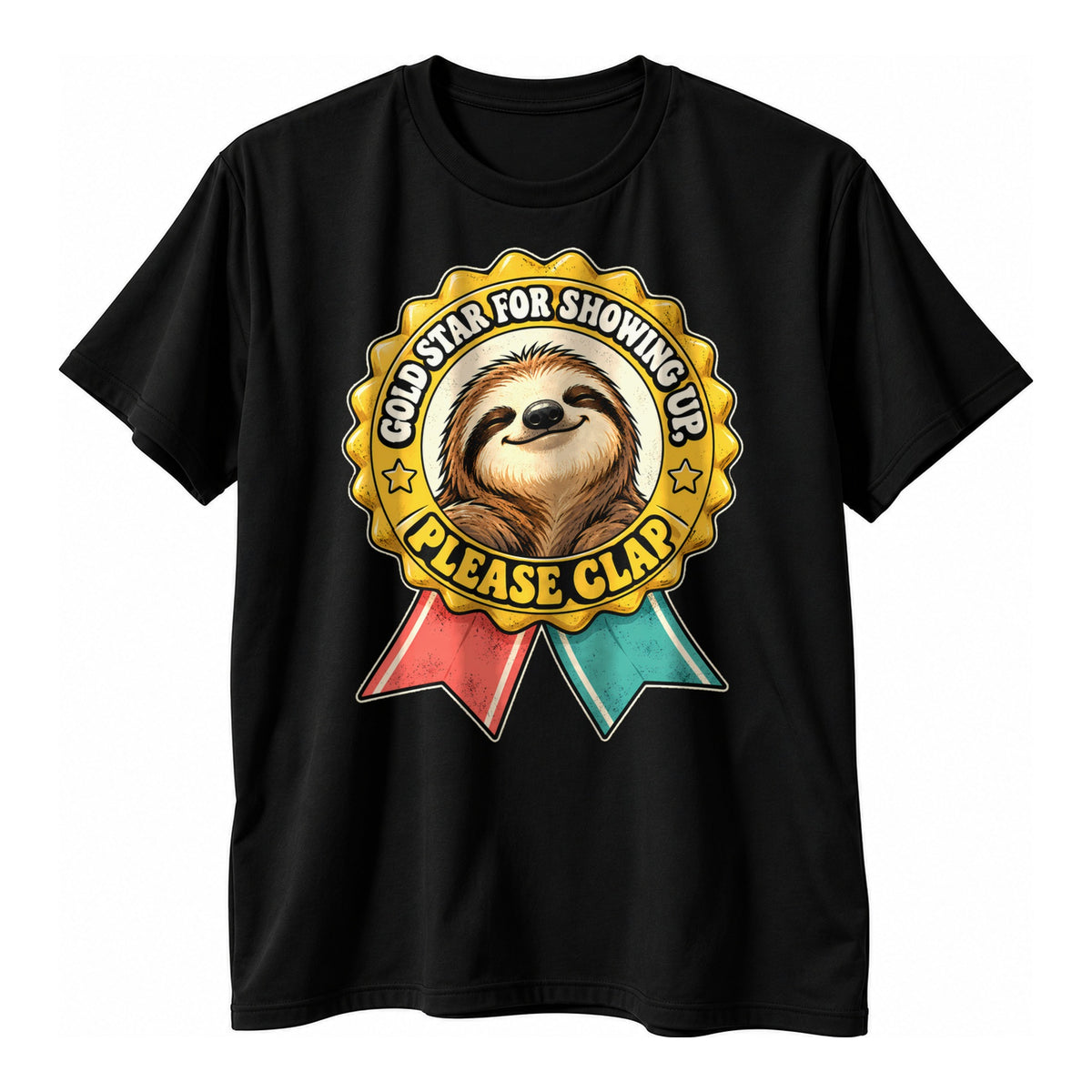 Black t-shirt with a retro award rosette holding a smiling sloth with coral and teal ribbons and the text Gold Star For Showing Up Please Clap